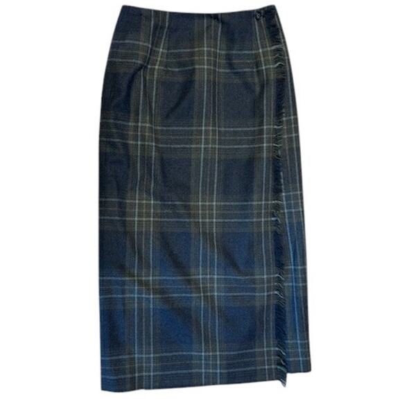 TALBOTS Blue Vintage Fringe Wrap Plaid Tartan Midi Skirt 100% Wool 6P 6 Petite - Picture 1 of 9